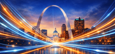 St. Louis skyline with Gateway Arch and fiber optic light trails symbolizing central U.S. data center interconnection and network infrastructure.